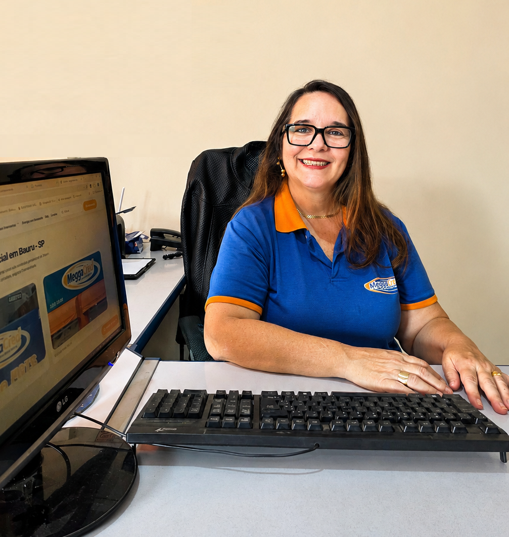 Claudia atendendo no escritório da MeggaCred