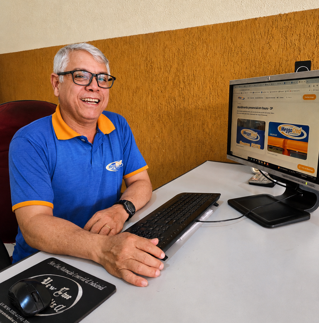 Claudio atendendo no escritório da MeggaCred